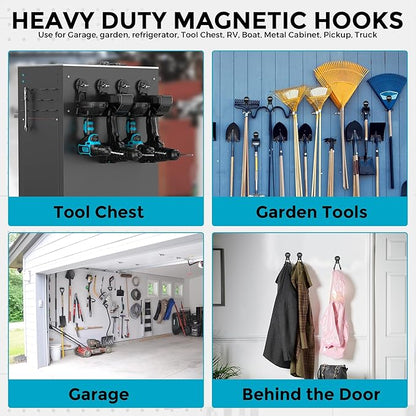 8Pcs Large Strong Magnetic Hooks Heavy Duty Garage Big Magnet Hooks Extra Strength Magnetic Utility Storage Hook Hanger with Anti Slip Coating for Garden Indoor Outdoor Hanging Tools Black