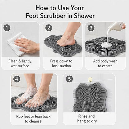Dual-Sided Silicone Shower Foot Scrubber Mat – Foot Scrubber in Shower for Deep Cleaning & Exfoliation | Wall-Mounted Shower Foot Scrubber Mat & Back Cleaner for Men and Women (Grey, Standard)