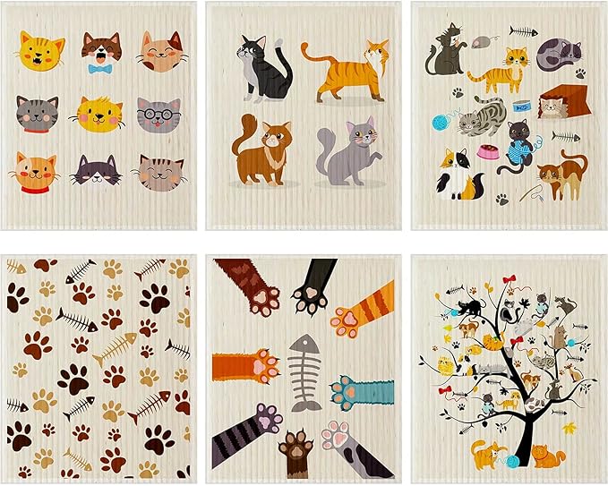 Geiserailie 6 Pieces Cat Sweedish Dishcloth Dish Towels Durable Swedish Cleaning Cloths Absorbent and Fast Dry Kitchen Towels Cats Cleaning Cloths for Kitchen Bathroom Office Wedding Housewarming