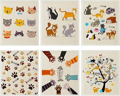 Geiserailie 6 Pieces Cat Sweedish Dishcloth Dish Towels Durable Swedish Cleaning Cloths Absorbent and Fast Dry Kitchen Towels Cats Cleaning Cloths for Kitchen Bathroom Office Wedding Housewarming