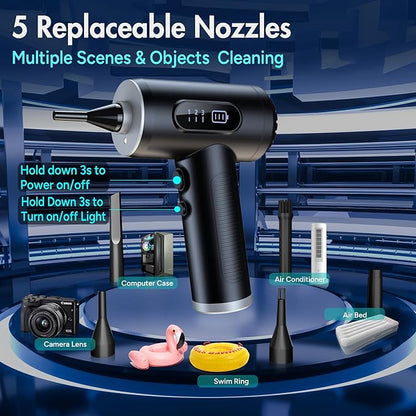 Electric Compressed Air Duster, 3-Gear Dust Blower for Computers Cordless PC Dusters Keyboard Electronics Cleaning Kit - 50000RPM 6000mAh Rechargeable with LED Light Display