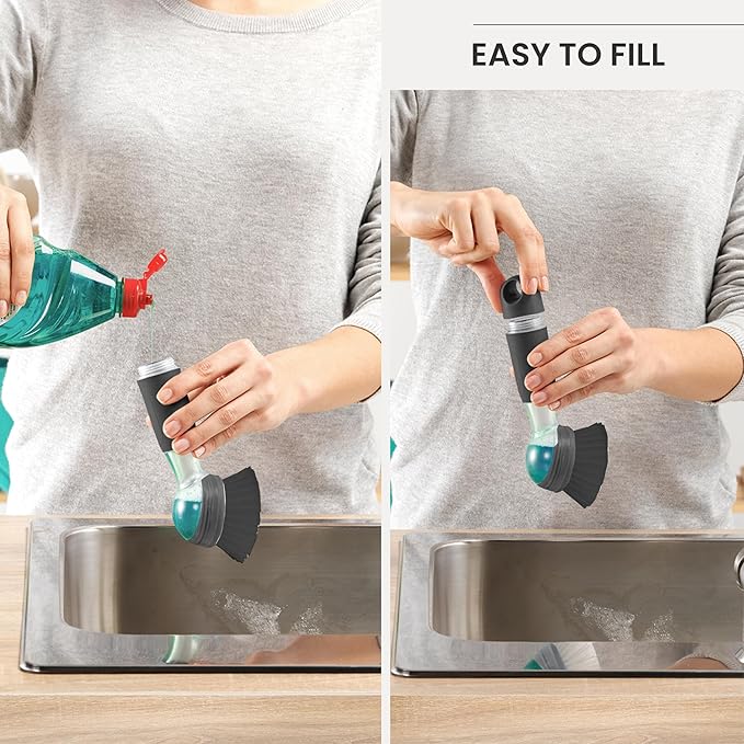 Vigar Rengo Dish Brush with Soap Dispenser - Dish Scrubber with Handle, Kitchen Scrub Brush for Dishes, Sink Cleaning Brush, Soap Dispensing Dish Wand with Nylon Bristles, Non Scratch - Black