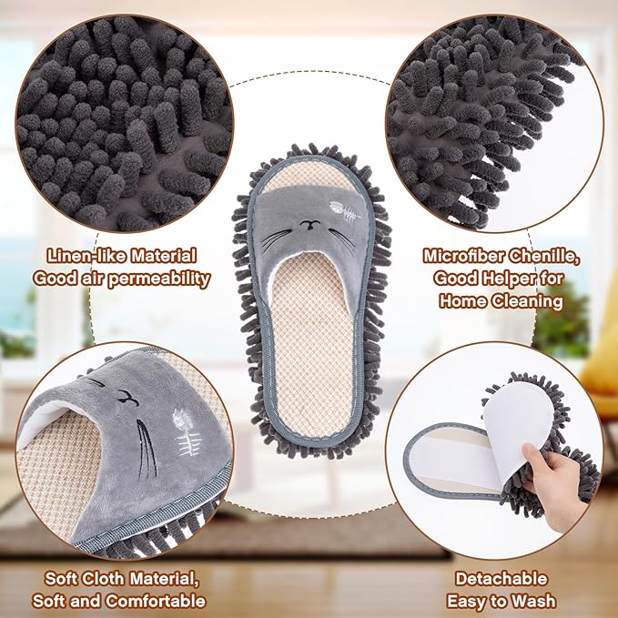 HooLing 2 Pairs Microfiber Mop Slippers for Floor Cleaning Detachable House Mop Shoes Men and Women Washable Unisex Dusting Slippers Dirt Tool Supplies(Gray, Pink,Men's 7-9, Women's 8-10)