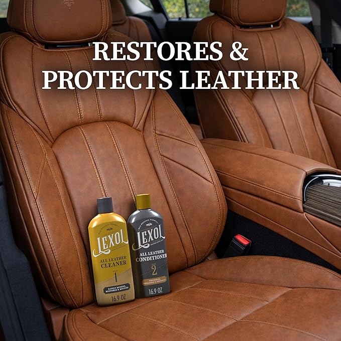 Lexol Leather Cleaner and Conditioner Kit for Furniture, Car Interiors, Shoes, Handbags. Includes 2 Application Sponges. Two-Step System 16 oz Each for Smooth Soft Leather Care and Shine Boosting