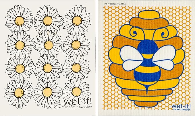 Wet-It! Swedish Dishcloth Set (Honey Bee, Set of 2) – Reusable and Washable Dishcloths, Multi-Purpose Absorbent Cloths for Kitchen, Bathroom, and Household Cleaning, Durable and Non-Scratch