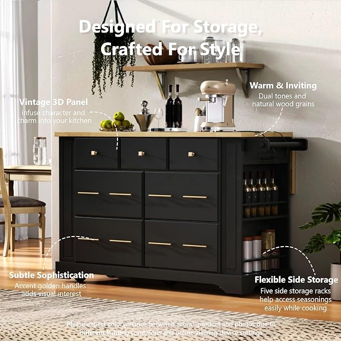 51.2" Kitchen Island with 6 Drawers, Pull Out Trash Can Storage, Rolling Kitchen Island on 5 Wheels with Drop Leaf, Power Outlet, 5 Open Side Racks for Kitchen, Dining Room, Black