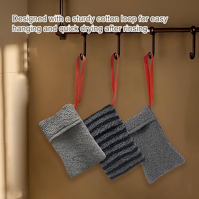 2 Pack Soap Bag Deep and Gentle Exfoliating,Bar Soap Pouch Saver Pocket, Body Scrubber Shower Bath Sponge Loofah (Grey)
