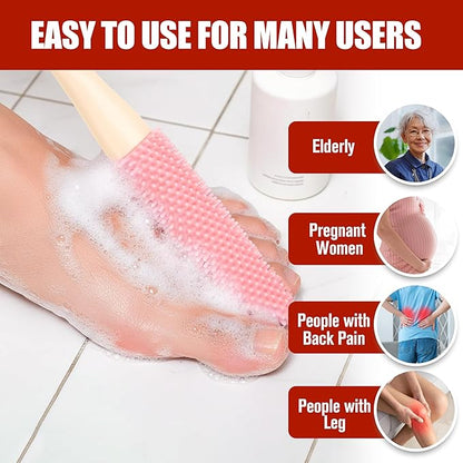 2 Pack Toe Cleaning Brush - Long Handled Portable Silicone Gap Brushes, Soft Rubber Exfoliating Foot Scrubber for Bath Shower, Crevice Gentle Cleaner for Seniors Elderly Men & Women Feet Scrub, Pink