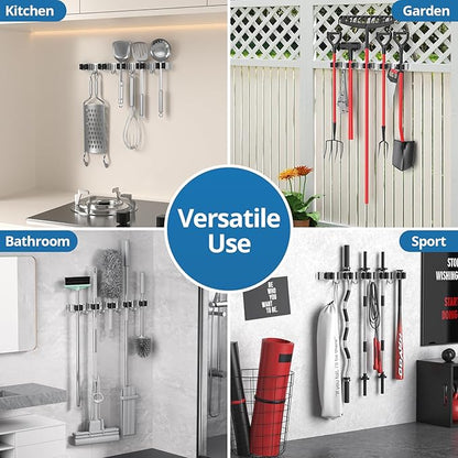 2 Pack Broom Holder Wall Mount Mop and Broom Hanger Broom Organizer Storage Tool Racks Stainless Steel Heavy Duty for Kitchen Garden Laundry Garage (5 Racks with 4 Hooks)