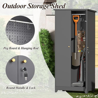 GREATMEET 72.8" Outdoor Broom Storage Cabinet, Waterproof Outdoor Narrow Storage Shed, Metal Storage Cabinets for Cleaning Supplies with Slanted Roof, Utility Closet, Broom Mop Storage Cabinet, Grey