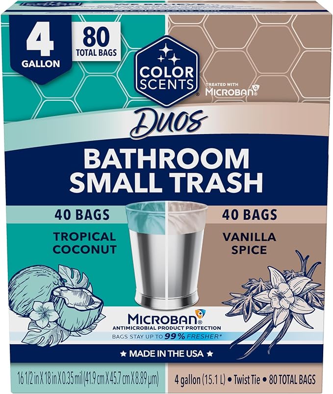 Color Scents Small Trash Bags - 4 Gallon, 80 Total Bags (2 Rolls of 40 Count), Twist Tie – Duos (2 unique scent + color combinations) with Microban