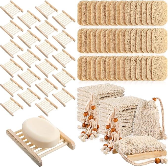 Soap Accessories Set Including Wood Soap Holder Soap Dishes for Bar Soap Tray, Soap Saver Bag Exfoliating Soap Pouch, Self Draining Soap Saver Pads for Bathroom Men Bath (120)