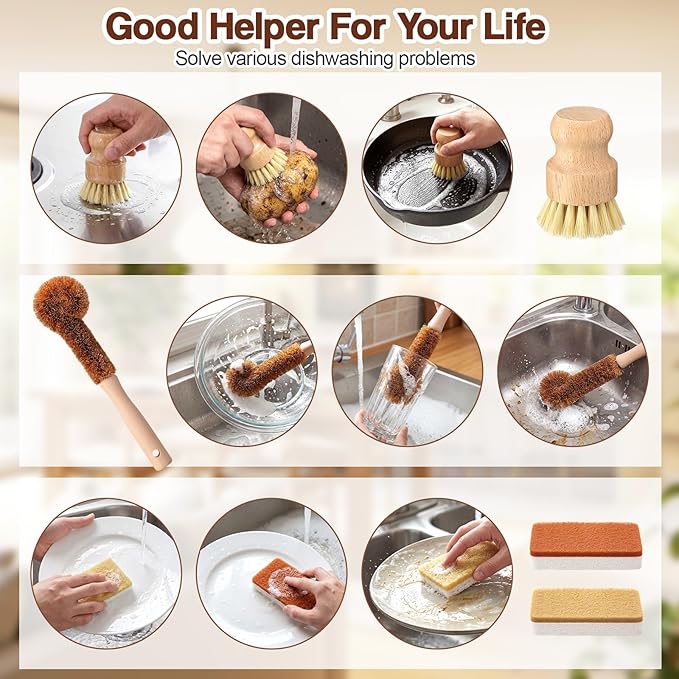 Sliner 14 Pcs Bamboo Dish Brush Set, Wooden Dish Brush with Long Handle Sisal and Palm Fiber Natural Wooden Kitchen Sponge for Pots Pans Bottle Sink Vegetables Household Cleaning