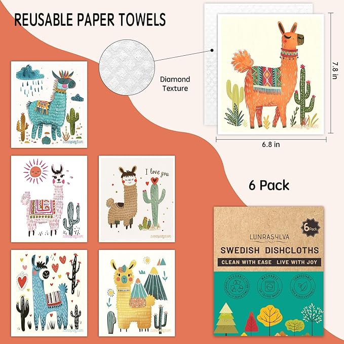 Swedish Dishcloths 6 Pack, Reusable Paper Towels Super Absorbent and Quick Drying for Kitchen, Biodegradable Washable Dish Towels Dishwasher Safe, Eco-Friendly Cleaning Cloths with Watercolor (Llama)