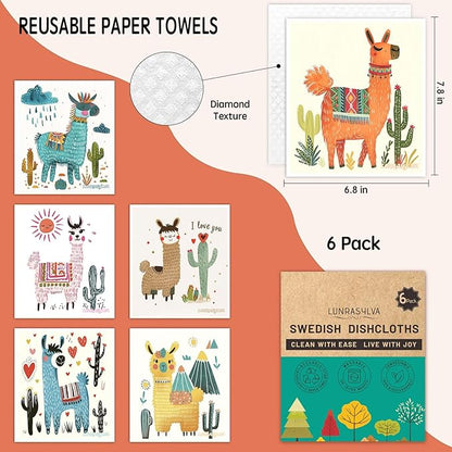 Swedish Dishcloths 6 Pack, Reusable Paper Towels Super Absorbent and Quick Drying for Kitchen, Biodegradable Washable Dish Towels Dishwasher Safe, Eco-Friendly Cleaning Cloths with Watercolor (Llama)
