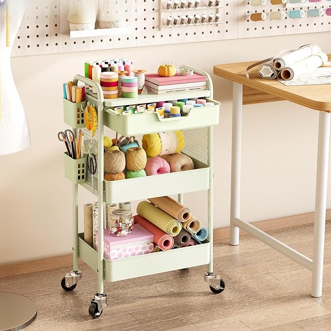 Rolling cart with Drawers - 3 Tier Metal Multifunctional Storage Organizors on Wheels with Tabletop, Hooks & Basket, Sturdy Craft & Art Cart for Bathroom, Bedroom, Children Room, Green