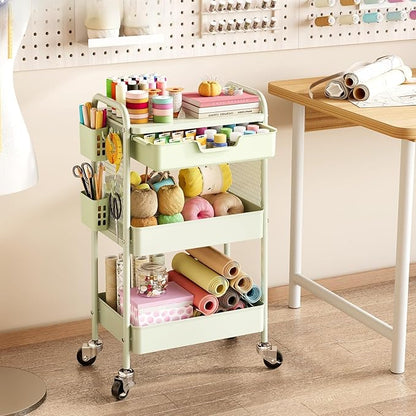 Rolling cart with Drawers - 3 Tier Metal Multifunctional Storage Organizors on Wheels with Tabletop, Hooks & Basket, Sturdy Craft & Art Cart for Bathroom, Bedroom, Children Room, Green