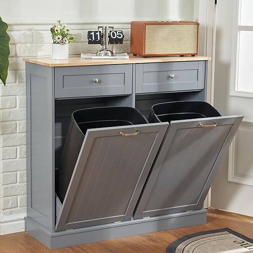 AHB Double Tilt Out Trash Can Cabinet Hidden Kitchen Trash Can, 2x13 Gallons Freestanding Recycling Cabinet with Hideaway Drawers Pet Proof Trash Can for Kitchen Living Room, Grey