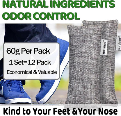 Marsheepy 12 Pack Charcoal Shoe Deodorizer Bags, Bamboo Charcoal Air Purifying bags, Odor Absorber, Odor Eliminator for shoes, Home, Closet, Pet