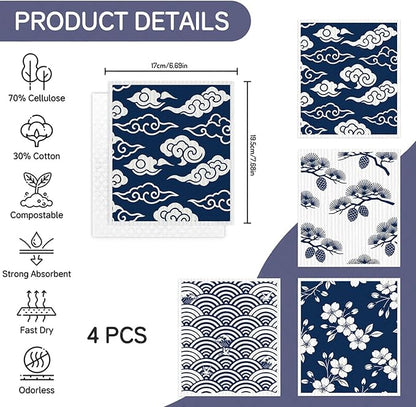 Swedish Dishcloths for Kitchen - 4 Pack Japanese Pattern Reusable Paper Towels, Non-Scratch Cellulose Cloths, No Odor, Biodegradable Cleaning Cloths