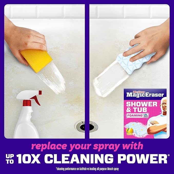 Mr. Clean Magic Eraser Sponge, Bathroom, Shower, Tub Cleaner, Soap Scum Remover, Bathroom Cleaning Supplies, Dawn Cleaning Power with Lemon Scent, Shower & Tub, 8ct (Pack of 4)