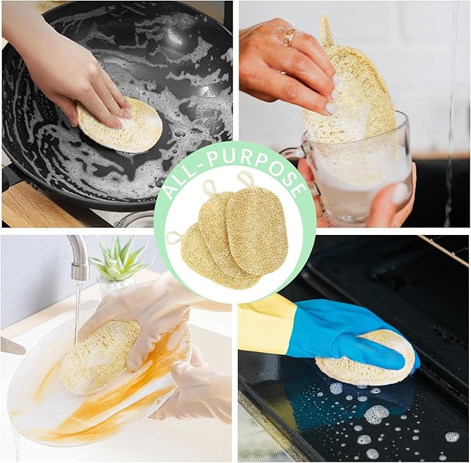 Natural Loofah Dish Sponge, Natural Kitchen Biodegradable Compostable Cellulose Loofah Scrub Sponge, Dual Sided Reusable Non Scratch Cleaning Sponge for Cleaning Kitchen, Bathroom, Household, 3 Pcs