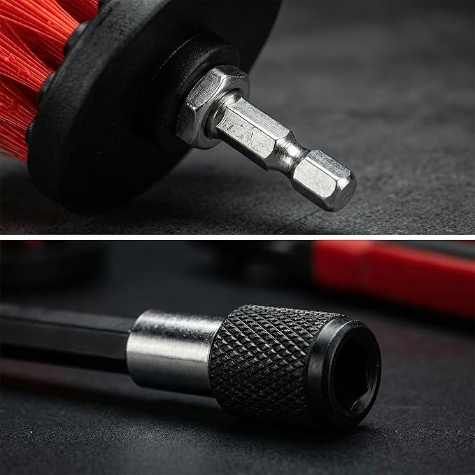 Drill Brush Attachment Set, 5 Pack Power Scrubber Cleaning Brush Kit with Extension Rod for Bathroom, Tub, Tile, Grout, Kitchen, Floor and Wheel Rims (Red)