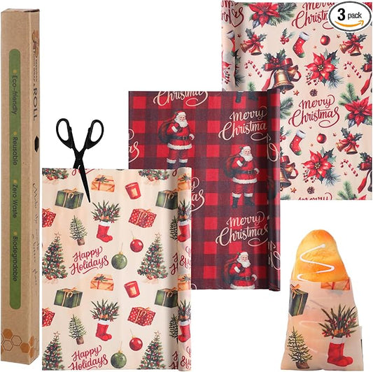 3 Rolls Reusable Beeswax Wraps for Food 13 x 40 Inches Bees Wax Wraps Reusable Food Storage Wrap Beeswax Paper Roll for Bread Sandwich Cheese Fruit Snacks(Santa)