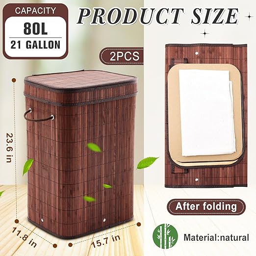 2 Pack 21 Gallon Bamboo Slim Trash Can with Lid Large Foldable Slim Rectangular Garbage Can Bamboo Waste Basket for Bathroom Bedroom Office Home Salon Spa (Brown)