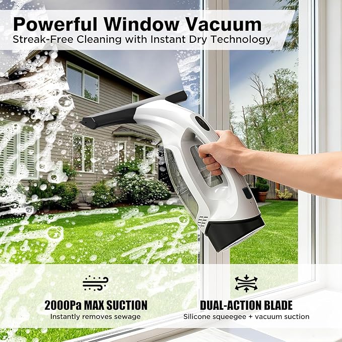 Window Vacuum Squeegee Cordless, 2000Pa Electric Window Cleaner Tool with 2200mAh & 150ml Water Collection Tank, Cleaning Kit Shower Squeegee for Glass Doors, Tiles, Mirrors, Car (Beige)