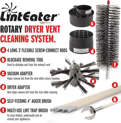 Dryer Vent Duct Cleaning Kit - Gardus RLE202 LintEater Rotary Dryer Vent Cleaner Kit, Removes Lint, Dryer Vent Cleaning System Extends Up to 12’ with 4 Flexible 3' Rods, Air Duct Cleaning Tools