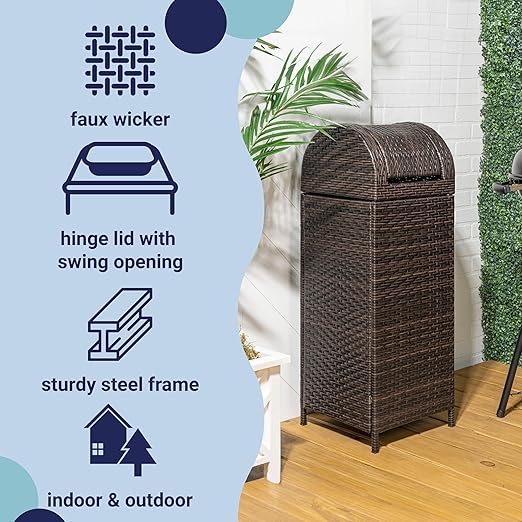 happimess HPM1202A Darla 31.39-Gallon All-Weather Wicker/Metal Swing Top Hideaway Outdoor Trash Can, Brown, Classic, Coastal, Casual Wastebin for Backyard, Patio, Porch, Kitchen