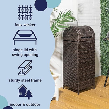 happimess HPM1202A Darla 31.39-Gallon All-Weather Wicker/Metal Swing Top Hideaway Outdoor Trash Can, Brown, Classic, Coastal, Casual Wastebin for Backyard, Patio, Porch, Kitchen