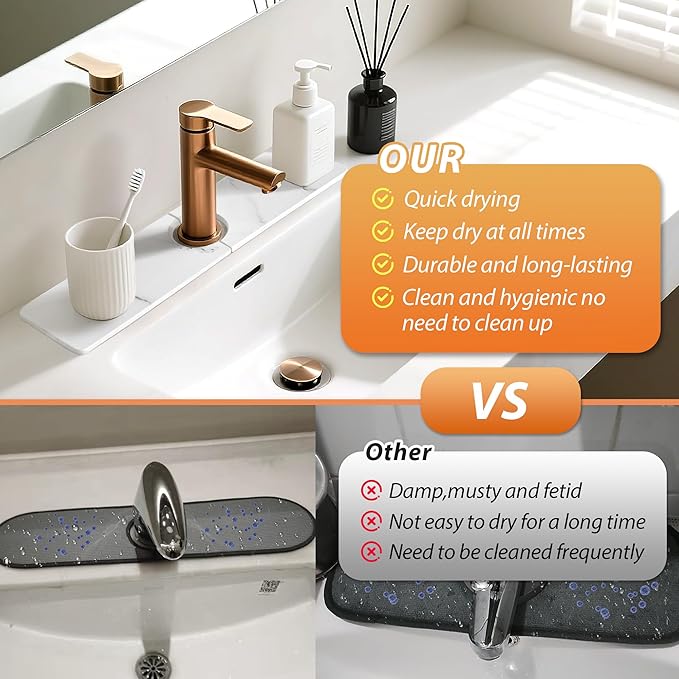 Kitchen Sink Faucet Mat, Diatomaceous Earth Quick Dry Sink Splashback Drying Mat, Kitchen Faucet Super Absorbent Mat, Quick-Drying Water Absorbing Stone Tray (Marble, 15.7" x 3.9")