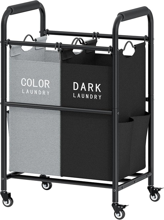 Tajsoon 2 Bag Laundry Sorter Cart, Laundry Hamper Sorter Basket with Heavy Duty Lockable Rolling Wheels for Clothes Storage, Black & Grey