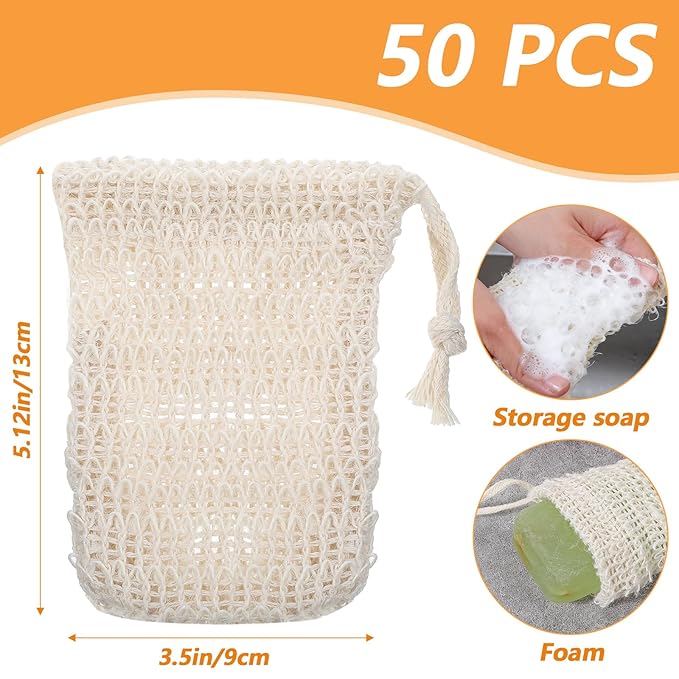 Molain Soap Bag, 50 Pack Natural Sisal Soap Saver, Bar Soaps Pouch for Exfoliating, Foaming, and Drying Soaps Bars