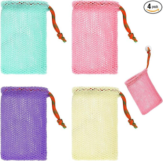 JJUNW 4 Pack Soap Savers, Exfoliating Mesh Soap Pouch, Foam Net Soap Saver Sack Drawstring Holder, Mesh Foaming Bubble Bags for Bath and Shower (Multicolor)