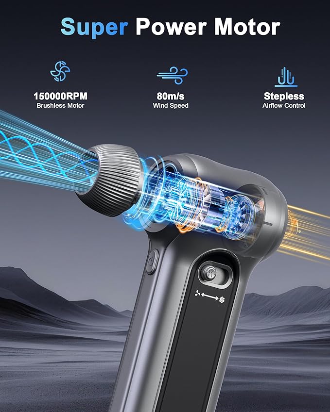 Compressed Air Duster 150000RPM Brushless Motor, Stepless Speed, Rechargeable Powerful Cordless Blower, Portable Air Duster with LED & Magnifier, Nozzle Kit for Keyboard Electronics Car Home (Gray)