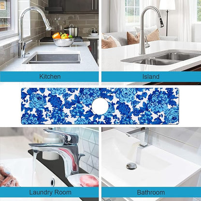 Kitchen Sink Splash Guard Faucet Mat Super Absorbent Fast Drying Mat Sink Gadgets Splash Guard Behind Faucet Drip Catcher for Kitchen (Blue Flowers, 23.5x5.5in)