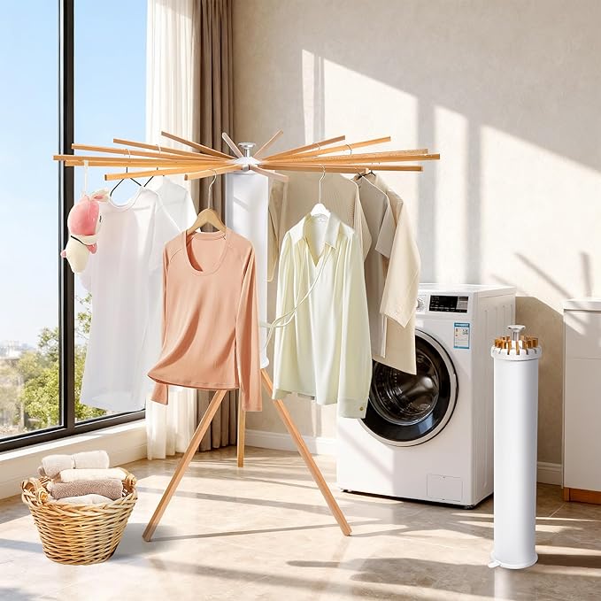 ZOFGENOW Clothes Drying Rack, Foldable Wooden Tripod Drying Rack Clothing for Small Apartments Balcony Bedroom, Portable Space Saving Laundry Rack, Floor Standing with 16 Poles for Indoor Air Drying