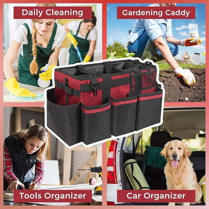 SCAVATA Wearable Cleaning Caddy, Cleaning Caddy Supplies Organizer with Handle & Shoulder Straps for Housekeepers, Under Sink & Car Cleaning Tool Organizers Bag with 4 Foldable Divider (Wine)