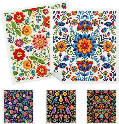 5 Pack Mixed Fiesta Floral Cinco De Mayo Kitchen Dishcloths Dish Towel, Dish Towels for Kitchen, Swedish Dishcloth Colorful Flower, Paper Towels Reusable, Dish Cloth Towel Cleaning for Home