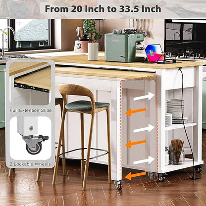 47" Kitchen Island with Extendable Dining Table, Movable Farmhouse Kitchen Islands with Storage Rack, Power Outlet, Island Table on Wheels with 2 Storage Drawers & 2 Cabinets, White
