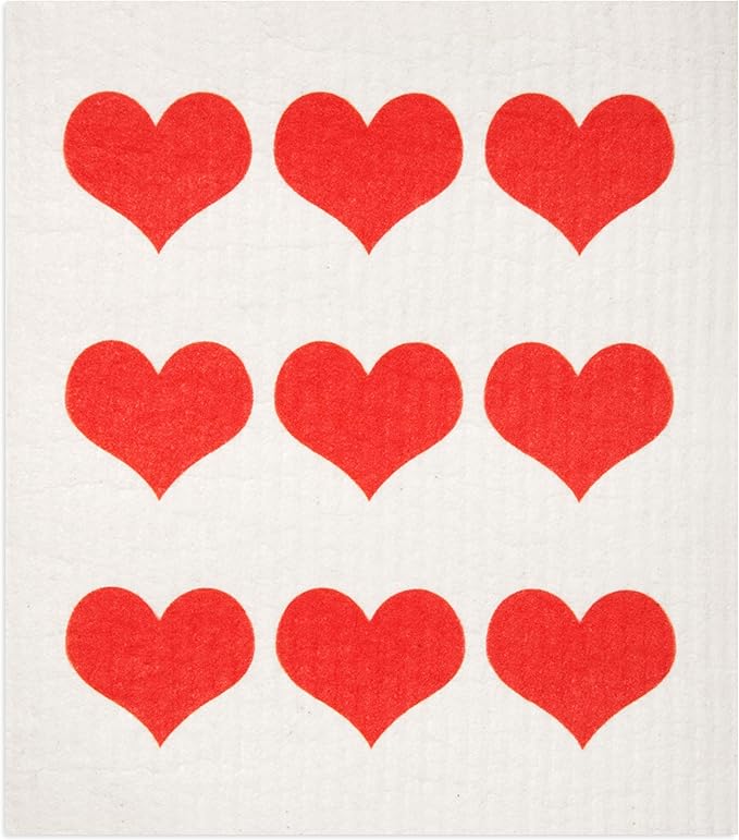 Swedish Dishcloths 2-Pack - Reusable Cellulose Sponge Cloths, Super Absorbent Kitchen Cleaning Towels, Machine Washable, Red Hearts Row Design, 7.87"x6.88"