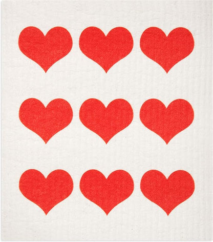 Swedish Dishcloths 2-Pack - Reusable Cellulose Sponge Cloths, Super Absorbent Kitchen Cleaning Towels, Machine Washable, Red Hearts Row Design, 7.87"x6.88"