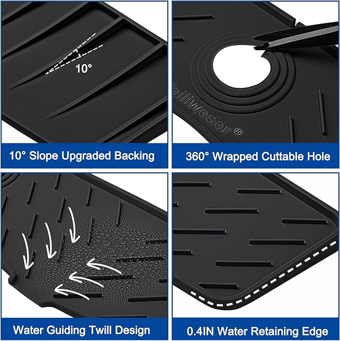 Faucet Mat for Kitchen Sink – 24” x 5.1” Extra-Long Silicone Splash Guard with 10° Slope & Upgraded Drainage – Gen 3 Sink Water Catcher & Sponge Holder for Kitchen, Bathroom (Black)