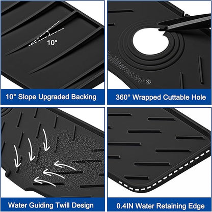 Faucet Mat for Kitchen Sink – 24” x 5.1” Extra-Long Silicone Splash Guard with 10° Slope & Upgraded Drainage – Gen 3 Sink Water Catcher & Sponge Holder for Kitchen, Bathroom (Black)