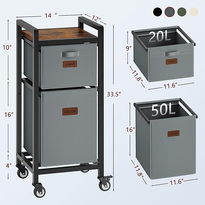 FAVOOSTY Laundry Hamper with Shelf, 70L Laundry Basket Organizer, 2 Section Laundry Sorter for Laundry Room Organization, Grey