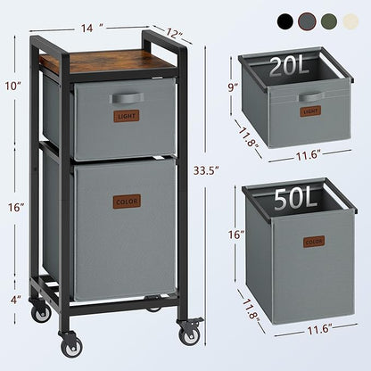 FAVOOSTY Laundry Hamper with Shelf, 70L Laundry Basket Organizer, 2 Section Laundry Sorter for Laundry Room Organization, Grey