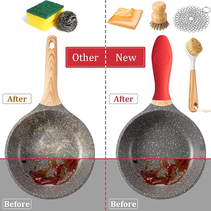 Patelai 8 Pieces Cast Iron Cleaning Kit Skillet Cleaner Set Include Stainless Steel Chainmail Scrubber Bamboo Dish Scrub Brushes Pan Grill Scrapers for Cleaning Pot Pans Skillets Kitchen(Orange)